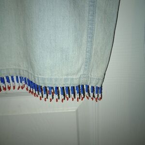 Light Wash Denim Capris with Red, White & Blue Beaded Hem